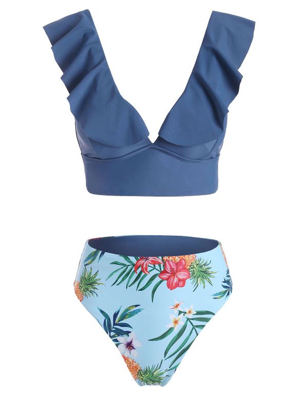Maillot de Bain Bikini Réversible Fleur Ananas à Volants à Lacets - Bleu de Soie S