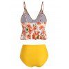 Floral Leaves Print Knotted Tankini Set - BRIGHT YELLOW S