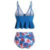 Floral Leaves Print Knotted Tankini Set - OCEAN BLUE S