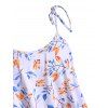 High Waisted Tie Shoulder Ruched Leaves Print Tankini Swimsuit - ORANGE S