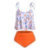 High Waisted Tie Shoulder Ruched Leaves Print Tankini Swimsuit - ORANGE L