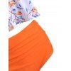High Waisted Tie Shoulder Ruched Leaves Print Tankini Swimsuit - ORANGE S