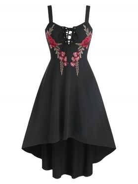 Floral Embroidered Applique Lace Up High Low Midi Cami Dress
