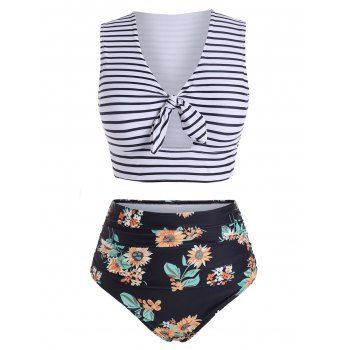 

Striped Floral Knotted Two Piece Swimsuit, Black