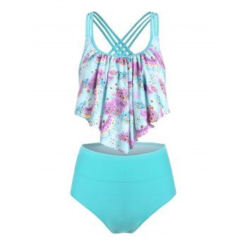 

Rainbow Overlay Scrunch Butt Tankini Set, Tron blue