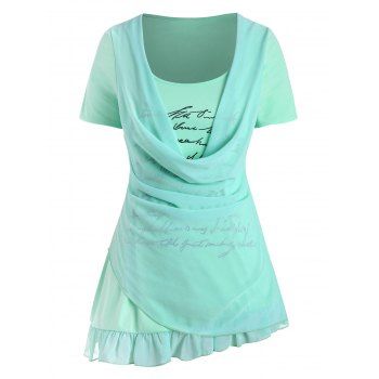 

Plus Size Cowl Front Overlay Letter Print T Shirt, Aquamarine