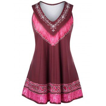 

Plus Size Printed Swing Tank Top, Red wine