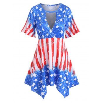 

Surplice-front Destroyed American Flag Plus Size Asymmetric Top, Blue