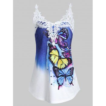 

Butterfly Print Lace Panel Tank Top, Ocean blue