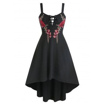 

Flower Embroidered Lace-up High Low Flare Dress, Black