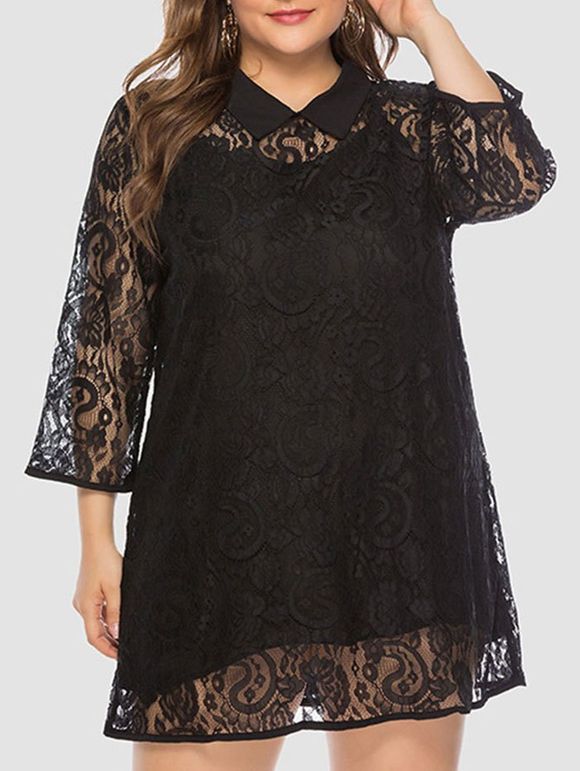 Plus Size Lace Mini robe et Cami Set Robe - Noir 5X