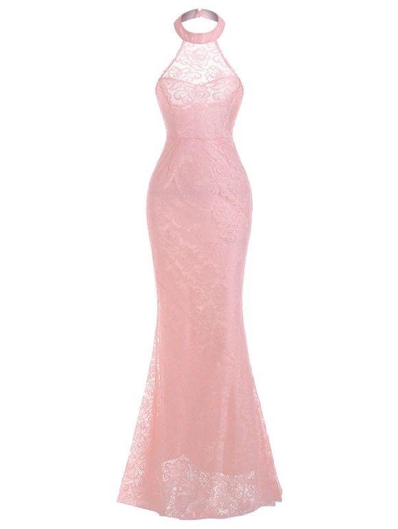Halter Lace Evening Mermaid Dress - PINK S