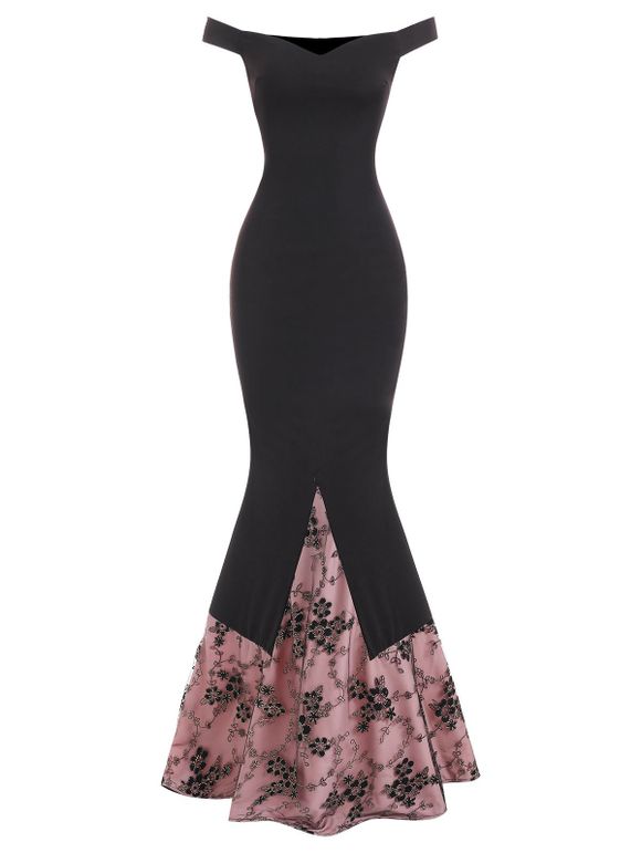 Robe de Bal Sirène Superposée Fleuri en Maille à Épaule Dénudée - Noir M