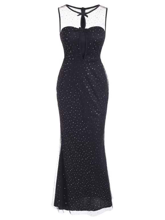 Sequins Tulle Overlay Cutout Mermaid Evening Dress - BLACK S