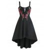 Floral Embroidered Applique Lace Up High Low Midi Cami Dress - BLACK L