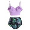 Maillot de Bain Bikini Feuille Imprimée à Taille Haute à Œillets - Mauve M