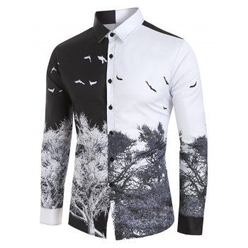 Image of Chinese Style Tree Print Button Up Shirt