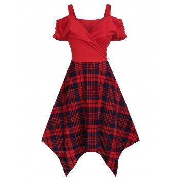 

Midi Plaid Print Cold Shoulder Ruched Handkerchief Surplice Dress, Red