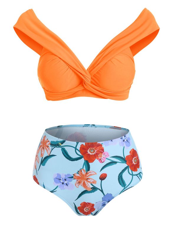 Maillot de Bain Bikini Plongeant Tordu Fleuri à Taille Haute - Brun Sable S