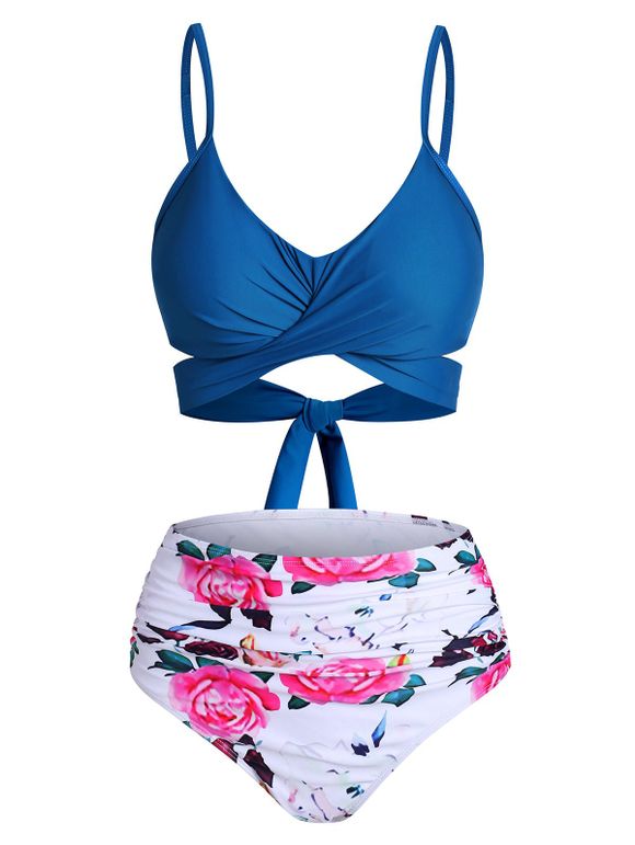 Maillot de Bain Bikini Contrôle du Ventre Fleuri Croisé Noué au Dos de Plage - Bleu Myrtille S