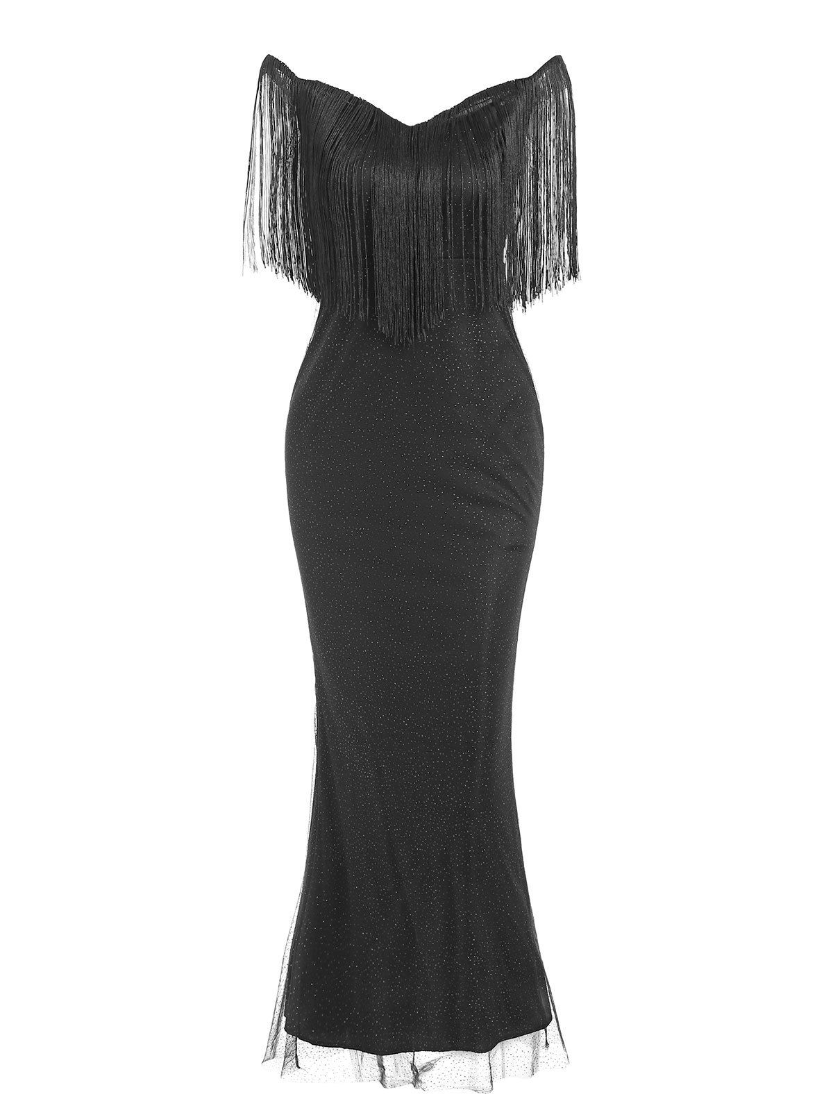 Fringed Glitter Mesh Overlay Off The Shoulder Evening Dress - BLACK S