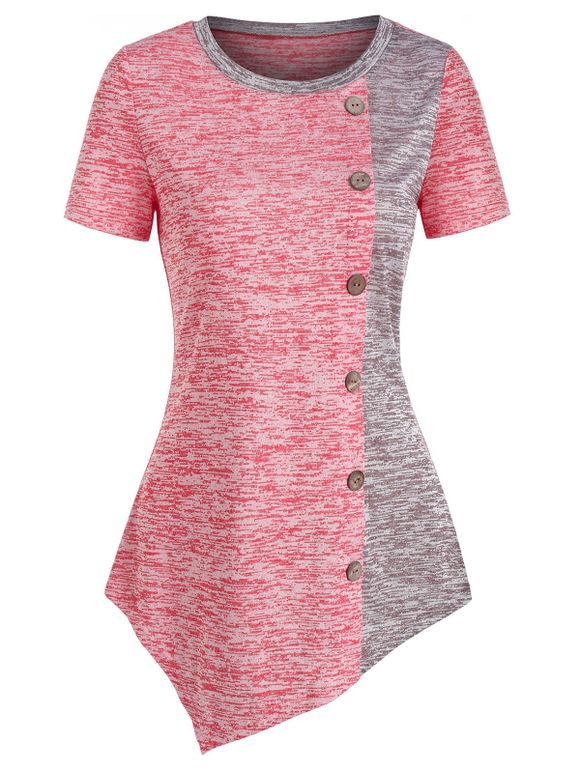T-shirt Asymétrique Teinté à Manches Courtes avec Bouton - Rose clair 3XL
