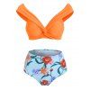 Maillot de Bain Bikini Plongeant Tordu Fleuri à Taille Haute - Brun Sable 2XL