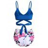 Tummy Control Bikini Swimsuit Cross Tied Back Animal Print Full Coverage Ruched Beach Swimwear - BLUEBERRY BLUE L