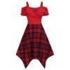 Midi Plaid Print Cold Shoulder Ruched Handkerchief Surplice Dress - RED M