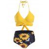Tummy Control Swimsuit Wrap Bathing Suit Sunflower Print Full Coverage Halter Bikini Swimwear - SUN YELLOW S