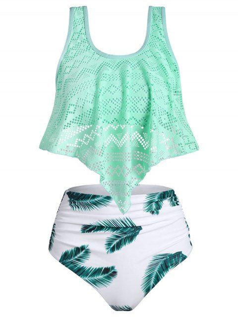 Perforated Leaf Print Ruched Tankini Swimsuit