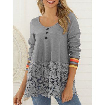 

Flower Lace Panel Striped Mock Button T-shirt, Ash gray