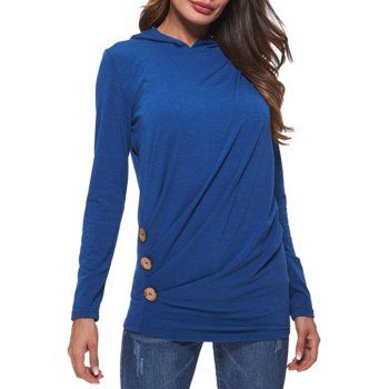 

Hooded Button Ruched Long Sleeve T-shirt, Blueberry blue