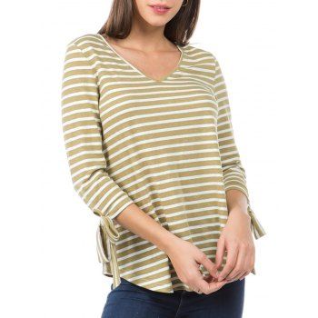 

Striped Print Knotted Sleeve Curved Hem T-shirt, Khaki