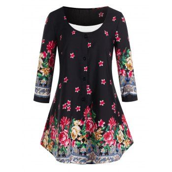 

Plus Size Flower Pattern Button Blouse with Cami Tank Top, Black