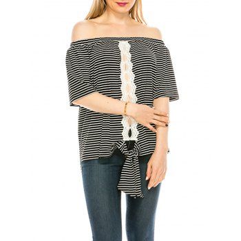 

Striped Off Shoulder Lace Panel Knotted Top, Black