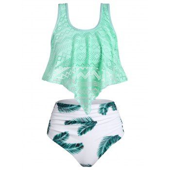 

Perforated Leaf Print Ruched Tankini Swimsuit, Light aquamarine