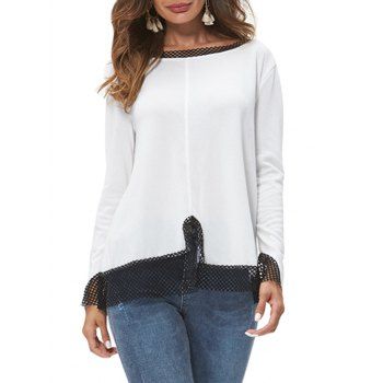 

Long Sleeve Contrast Fishnet Panel Top, White