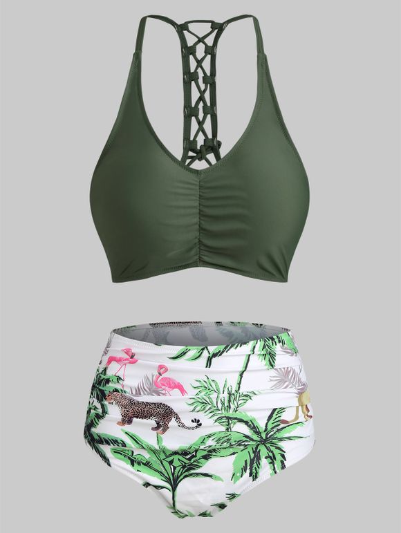 Maillot de Bain Bikini Animal Imprimé à Lacets à Volants - Vert clair S