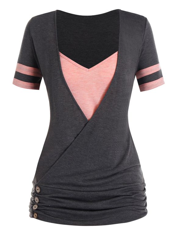 T-shirt Bicolore Superposé Plissé de Grande Taille - Gris Carbone 5X