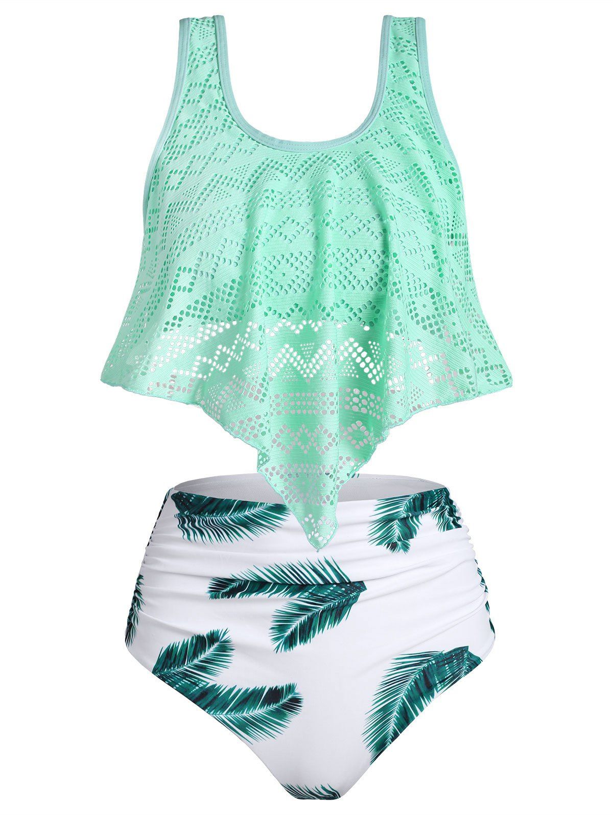 Perforated Leaf Print Ruched Tankini Swimsuit - LIGHT AQUAMARINE S
