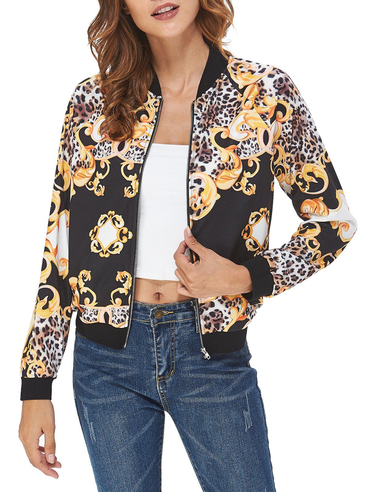 Leopard Print Zip Up Jacket - BLACK XL