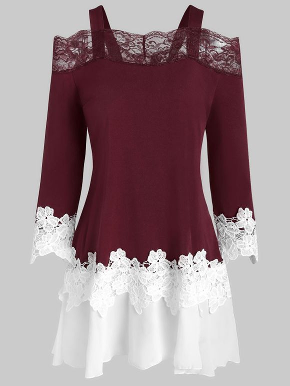 T-shirt Guipure Fleur en Dentelle Insérée à Epaule Dénudée - Rouge Vineux L