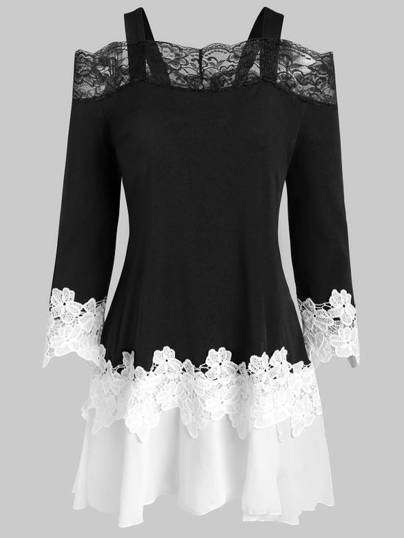 T-shirt Guipure Fleur en Dentelle Insérée à Epaule Dénudée - Noir 3XL