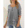 T-shirt Rayé Fleur Panneau en Dentelle avec Bouton - Cendre gris L