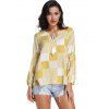 Patchwork Print Puff Sleeve Tasseled Blouse - multicolor A XL