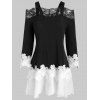 T-shirt Guipure Fleur en Dentelle Insérée à Epaule Dénudée - Noir 3XL