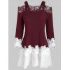 T-shirt Guipure Fleur en Dentelle Insérée à Epaule Dénudée - Rouge Vineux L