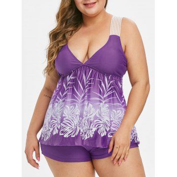 

Contrast Leaves Print Lace Straps Plus Size Tankini Swimsuit, Purple