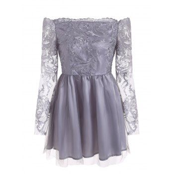 

Floral Embroidered Mesh Panel Off Shoulder Dress, Gray